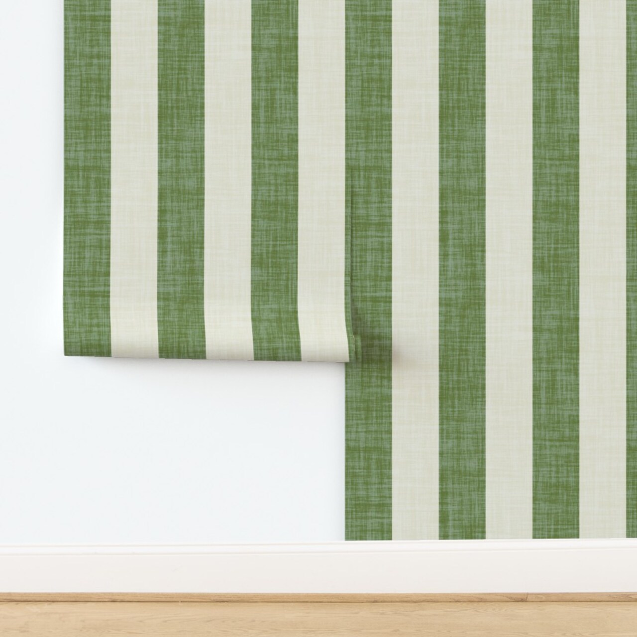 Preppy Traditional Grandmillennial Stripe Wide Green Beige Linen Look Faux Texture Bold Minimalism Summer Camp Lake House Beach Vacation Home Custom Removable Wallpaper by Spoonflower Peel & Stick Wallpaper 2FT Wide